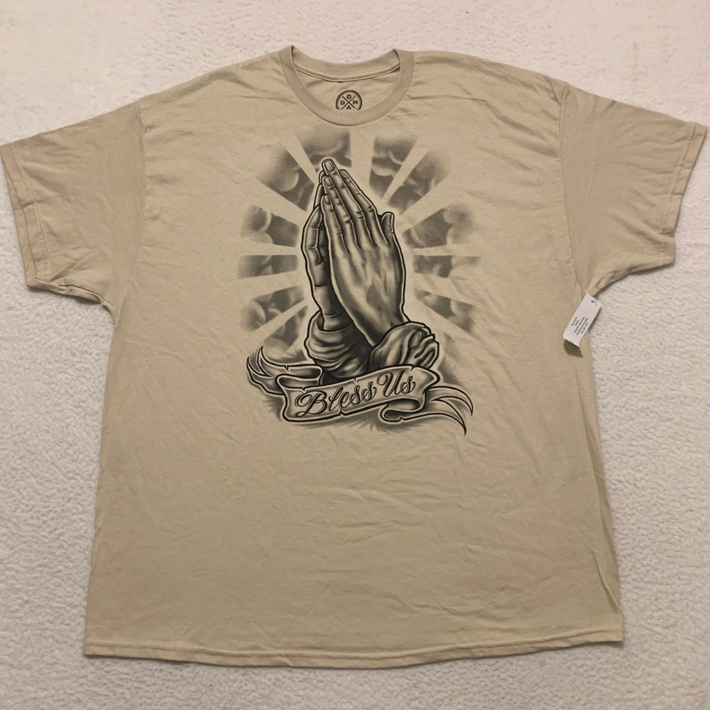 DOM Praying Hands Bless Us Graphic T-Shirt Mens 2XL XXL Crewneck Beige Tan NWT!